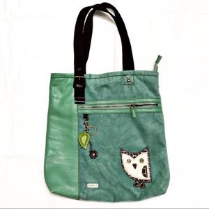 Chala Everyday Tote Bag, Teal Faux Leather with Owl and Keychain,